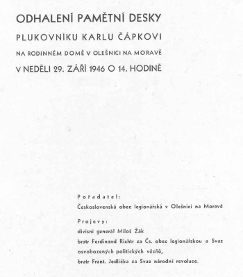 Odhalení pamětní desky Karlu Čápkovi