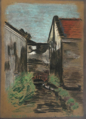 kresba Karla Doskočila Venkovské stavby nad potokem, barevný pastel,13. 7. 1923